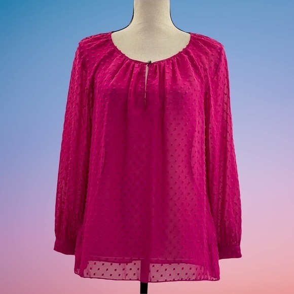 J. Crew Factory Pink Jacquard Textured Polka Dot Peasant Long Sleeve Blouse - Picture 12 of 12